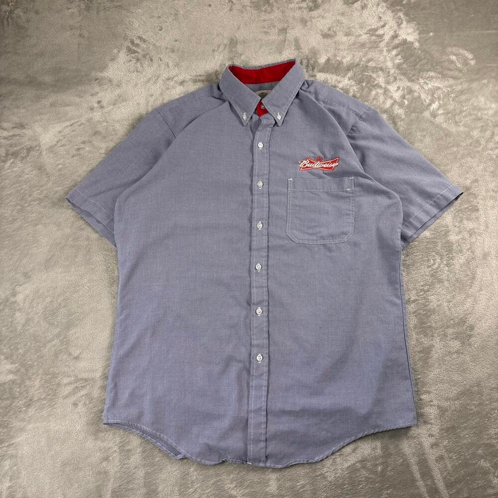 Vintage Budweiser Button Up Work Shirt Men’s Large Blue Short Sleeve Uniform